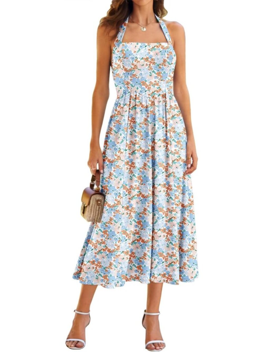 Women's Pink Sleeveless Halter Sleeveless Drop Waist Corset Midi Dress Swing